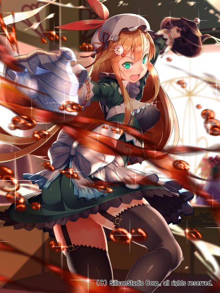 Anime picture 1800x2400 with gyakushuu no fantasica kokka han single long hair tall image looking at viewer highres breasts open mouth light erotic blonde hair holding green eyes bent knee (knees) :d sparkle depth of field spread arms spill girl