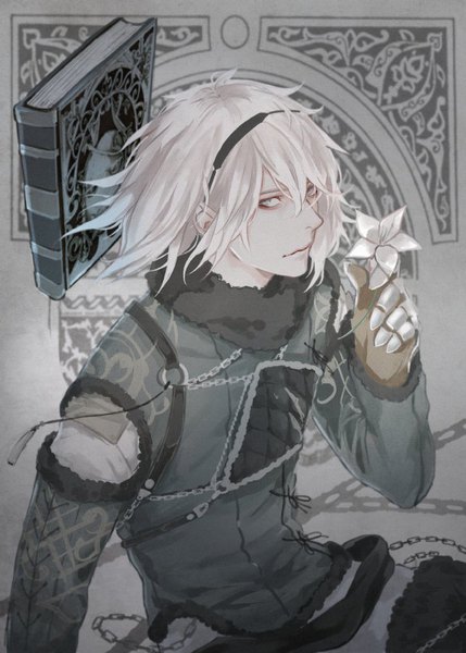 Anime picture 643x900 with nier nier (young) grimoire weiss saito yukihiro single tall image looking at viewer fringe short hair hair between eyes upper body white hair from above white eyes boy flower (flowers) book (books) headband