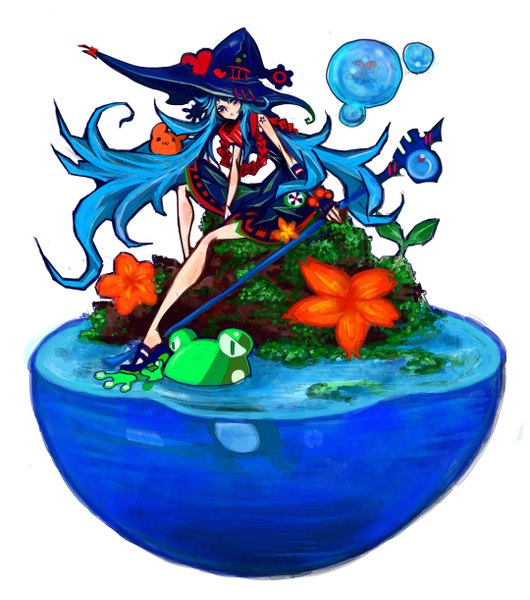Anime picture 2160x2442 with original kiku (kicdoc) single tall image looking at viewer highres blue eyes simple background white background sitting blue hair very long hair tattoo dress flower (flowers) hat water witch hat bubble (bubbles) staff