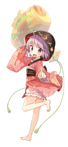 Anime picture 699x1500 with touhou sukuna shinmyoumaru shnva single tall image looking at viewer blush fringe short hair open mouth simple background white background purple eyes holding purple hair full body ahoge traditional clothes japanese clothes barefoot