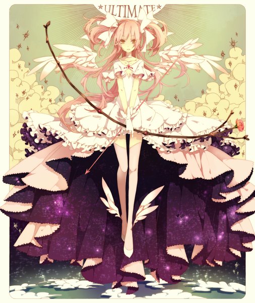 Anime picture 1200x1423 with mahou shoujo madoka magica shaft (studio) kaname madoka goddess madoka utaoka (23com) single long hair tall image pink hair cloud (clouds) inscription orange eyes angel wings framed angel girl thighhighs dress gloves bow