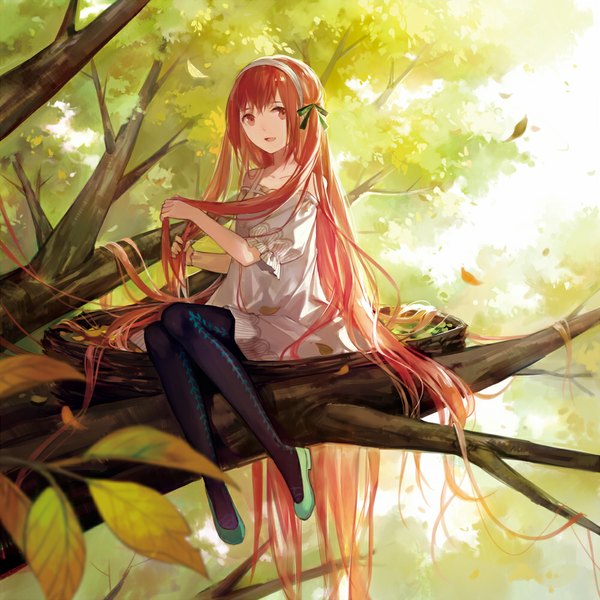 Anime picture 1000x1000 with original cotta single looking at viewer blush open mouth smile brown hair sitting brown eyes very long hair tree sitting girl dress hair ornament ribbon (ribbons) plant (plants) hair ribbon pantyhose tree (trees)