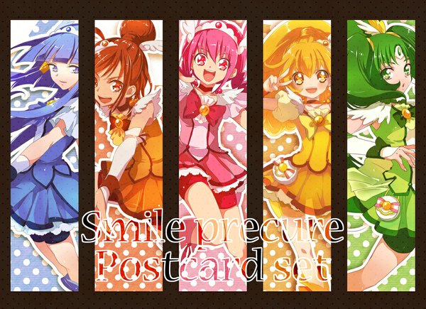 Anime picture 1000x726 with precure smile precure! toei animation aoki reika kise yayoi midorikawa nao hoshizora miyuki hino akane (smile precure!) cure beauty cure peace cure happy cure march cure sunny chiyo (rotsurechiriha) long hair looking at viewer open mouth blonde hair red eyes brown hair