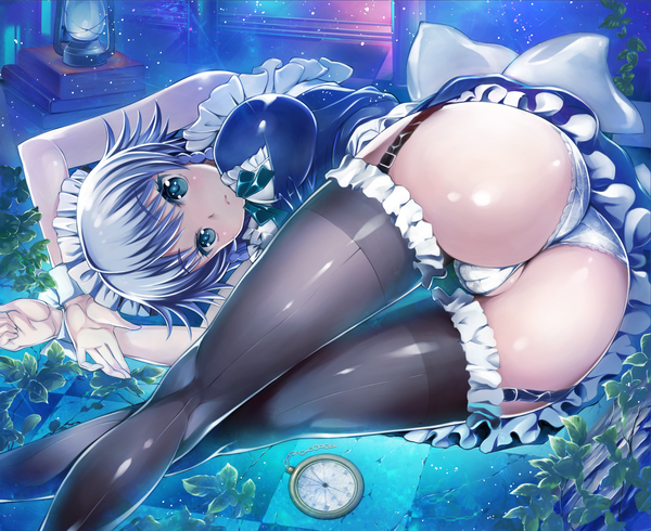 Anime picture 1760x1440 with touhou izayoi sakuya hekiten single highres short hair breasts blue eyes light erotic large breasts silver hair ass maid girl thighhighs underwear panties black thighhighs frills headdress
