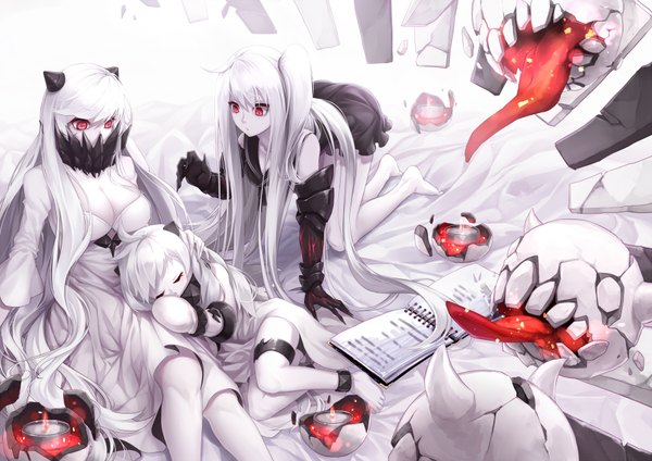 Anime picture 1800x1272 with kantai collection northern ocean hime aircraft carrier hime midway hime curry bowl long hair fringe highres breasts light erotic red eyes large breasts standing white background sitting cleavage ahoge bent knee (knees) white hair eyes closed