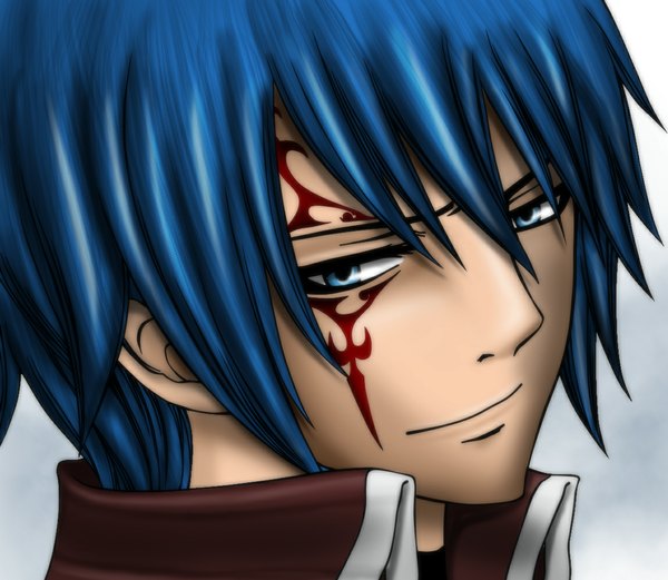 Anime picture 1149x998 with fairy tail jellal fernandes gray fullbuster (artist) single short hair blue eyes simple background blue hair light smile tattoo coloring close-up face boy