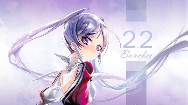 Anime picture 1920x1080 with battleship girl zeco single long hair looking at viewer blush fringe highres open mouth simple background wide image twintails silver hair upper body looking back from behind :o floating hair text english