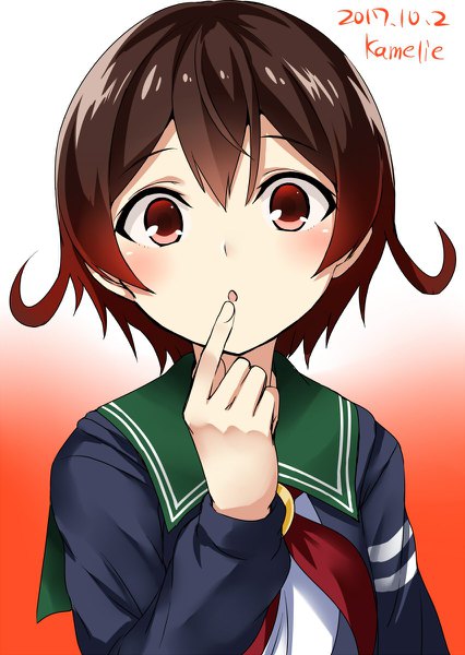 Anime picture 852x1200 with kantai collection mutsuki destroyer kamelie single tall image looking at viewer blush fringe short hair hair between eyes red eyes brown hair signed upper body :o gradient background finger to mouth dated remodel (kantai collection) girl