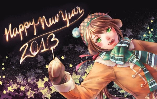 Anime picture 1900x1200 with original v-sil single long hair blush highres open mouth smile brown hair green eyes animal ears ponytail inscription dog ears happy new year 2013 boy ribbon (ribbons) hair ribbon hat