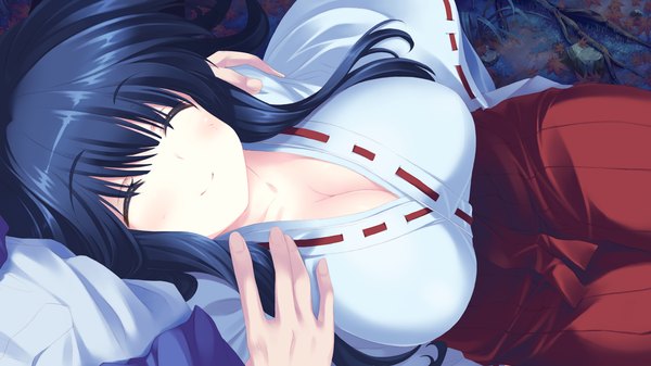 Anime picture 1280x720 with hoshi no ouji-kun kamino kokoro qp:flapper long hair breasts light erotic black hair wide image large breasts game cg eyes closed miko girl