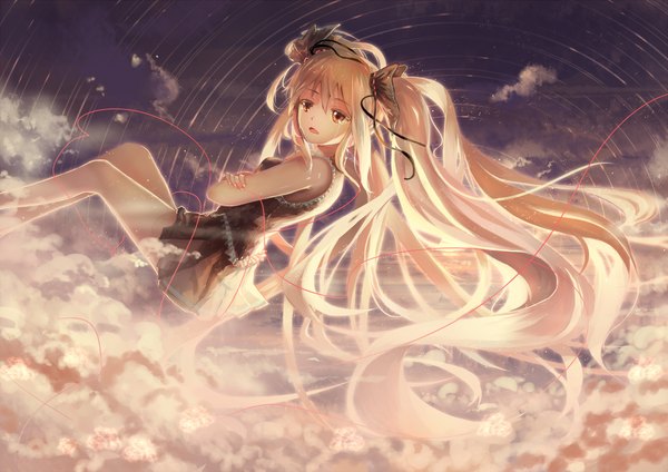 Anime picture 2000x1414 with vocaloid hatsune miku zha tang tang yu single looking at viewer highres open mouth blonde hair twintails brown eyes sky cloud (clouds) very long hair wavy hair girl dress bow hair bow thread red thread