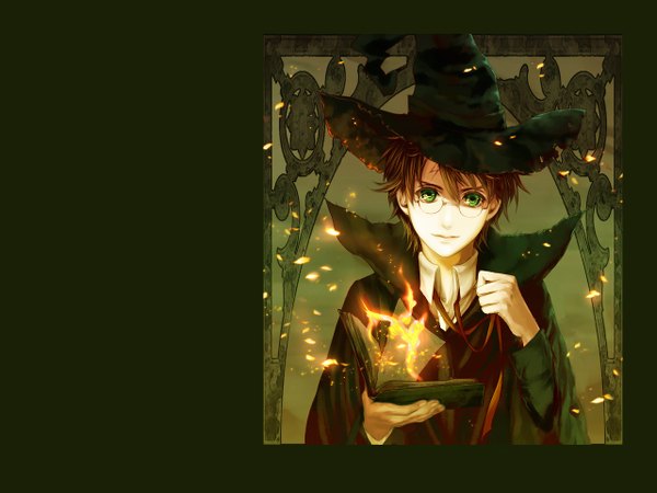 Anime picture 1280x960 with harry potter harry potter (character) flayu (artist) looking at viewer short hair simple background smile brown hair green eyes light smile magic dark background scar green background shirt glasses book (books) cloak witch hat mantle