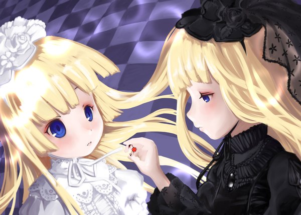 Anime picture 1554x1112 with gosick studio bones victorique de blois cordelia gallo kobiyuun long hair blush fringe blue eyes blonde hair multiple girls holding blunt bangs profile embarrassed outstretched arm face checkered floor lolita fashion floor