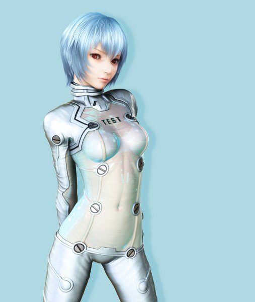 Anime picture 1080x1280 with neon genesis evangelion gainax ayanami rei ikedan single tall image short hair simple background red eyes blue hair lips realistic 3d girl bodysuit pilot suit