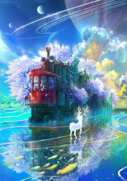 Anime picture 1407x2000 with original benjamin (zhang bin) tall image sky cloud (clouds) cherry blossoms reflection no people fantasy ripples plant (plants) animal tree (trees) water fish (fishes) planet train deer