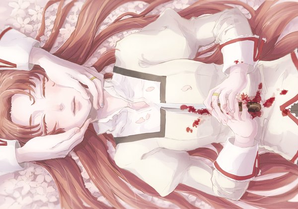 Anime picture 1292x906 with mahou shoujo madoka magica shaft (studio) sakura kyouko skylark 12 long hair open mouth brown hair lying eyes closed on back open collar hands on face girl uniform flower (flowers) petals blood ring knife hands