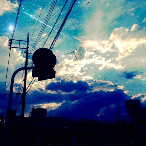 Anime picture 1224x1224 with original usamochi. sky cloud (clouds) sunlight no people landscape shooting star star (stars) house pole telephone pole