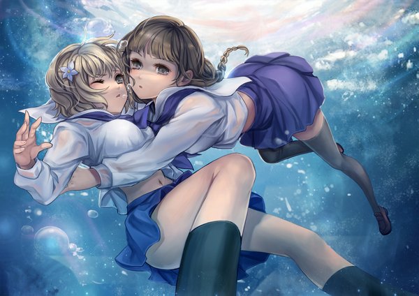 Anime picture 1900x1343 with hanasaku iroha p.a. works matsumae ohana oshimizu nako j.lili long hair highres short hair black hair brown hair multiple girls braid (braids) one eye closed wink black eyes twin braids underwater girl thighhighs skirt