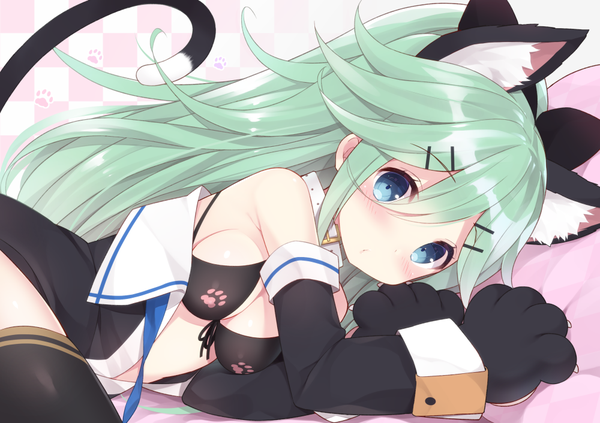 Anime picture 1000x706 with kantai collection yamakaze (kantai collection) watanohara single long hair blush breasts blue eyes light erotic simple background animal ears tail lying animal tail green hair cat ears cat tail on side paw print girl