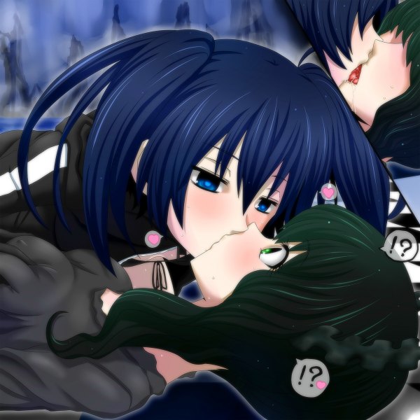 Anime picture 1200x1200 with black rock shooter black rock shooter (character) dead master watarui long hair blush short hair blue eyes multiple girls green eyes blue hair green hair shoujo ai kiss french kiss girl 2 girls