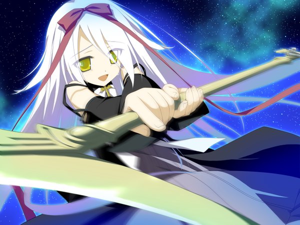 Anime picture 1600x1200 with hoshizora no memoria mare s ephemeral shida kazuhiro single long hair open mouth bare shoulders yellow eyes game cg white hair loli girl ribbon (ribbons) hair ribbon scythe