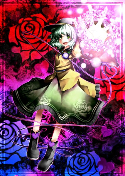 Anime picture 1350x1900 with touhou komeiji koishi kazetto (kazetsuto) tall image short hair green eyes green hair girl hat rose (roses)