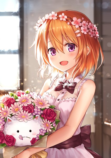 Anime picture 1000x1414 with gochuumon wa usagi desu ka? white fox hoto cocoa tippy (gochiusa) ks single tall image looking at viewer blush fringe short hair open mouth hair between eyes purple eyes bare shoulders orange hair sleeveless girl dress flower (flowers)