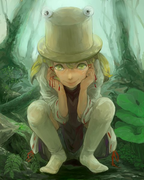 Anime picture 800x1000 with touhou moriya suwako tutuura single tall image looking at viewer fringe blonde hair smile yellow eyes traditional clothes barefoot lips girl thighhighs ribbon (ribbons) plant (plants) hat white thighhighs tree (trees)