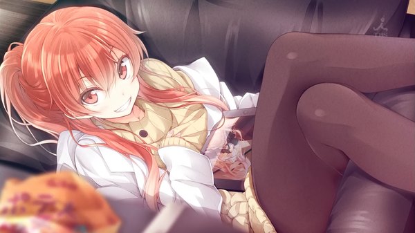 Anime picture 1280x720 with sasami-san@ganbaranai shaft (studio) yagami tsurugi luna lia single long hair looking at viewer smile red eyes wide image red hair crossed legs girl pantyhose sweater couch ipad