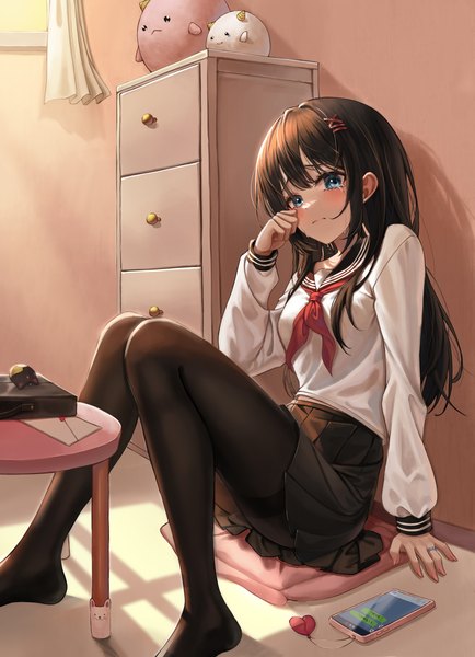 Anime picture 2344x3241 with original oert129 single long hair tall image looking at viewer blush fringe highres blue eyes black hair sitting bent knee (knees) indoors blunt bangs long sleeves pleated skirt arm support no shoes tears