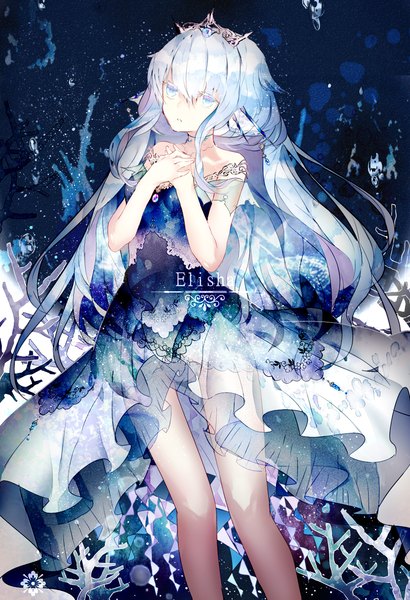 Anime picture 1040x1520 with original rooseputo 02 single long hair tall image fringe blue eyes light erotic standing bare shoulders silver hair blue background underwater girl water bubble (bubbles) crown coral