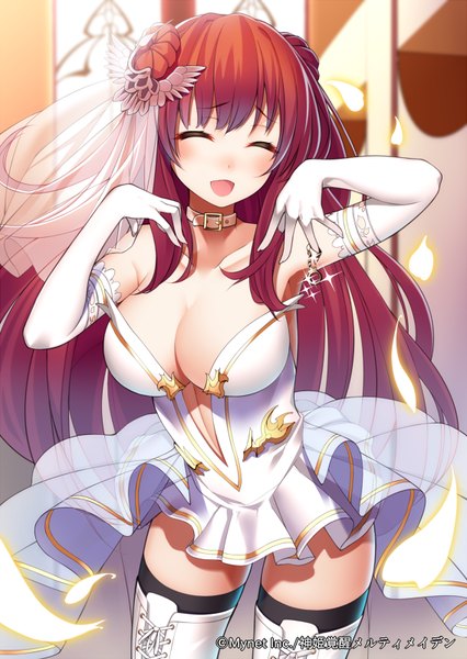 Anime picture 568x800 with original ray-akila single long hair tall image blush fringe breasts open mouth light erotic large breasts red hair eyes closed girl dress gloves elbow gloves boots white gloves thigh boots