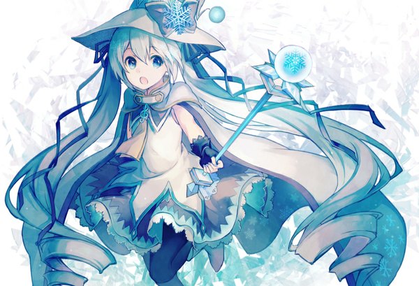 Anime picture 880x600 with vocaloid suki! yuki! maji magic (vocaloid) hatsune miku yuki miku yuki miku (2014) choke (amamarin) single looking at viewer open mouth blue eyes very long hair aqua eyes aqua hair :o snowflake print girl dress gloves hat pantyhose