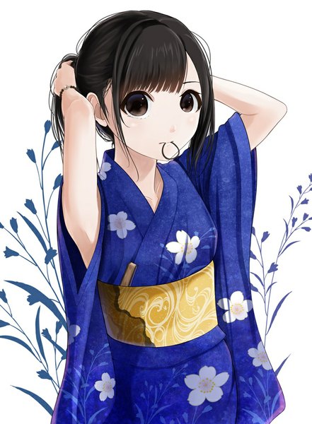 Anime picture 750x1020 with original kentaurosu tall image short hair black hair simple background white background holding traditional clothes japanese clothes black eyes mouth hold adjusting hair tying hair hair tie in mouth girl kimono obi hair tie