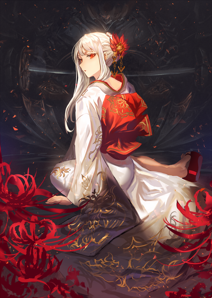 Anime picture 710x1000 with original makai no juumin single long hair tall image looking at viewer fringe red eyes sitting payot bent knee (knees) white hair traditional clothes japanese clothes looking back from behind arm support hair bun (hair buns) yokozuwari girl