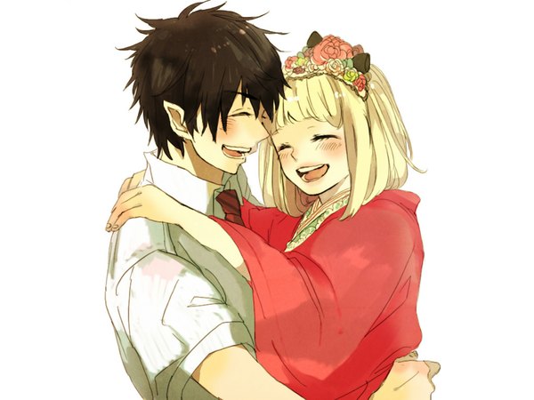 Anime picture 1024x768 with ao no exorcist a-1 pictures okumura rin moriyama shiemi blush short hair open mouth black hair simple background blonde hair white background eyes closed traditional clothes hair flower pointy ears hug girl boy hair ornament