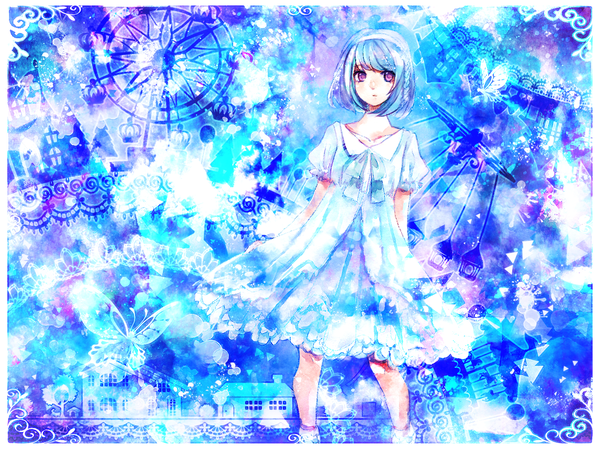 Anime picture 1400x1050 with original wakatsuki you single looking at viewer blush short hair purple eyes blue hair blue background hands behind back multicolored girl dress hairband white dress insect butterfly house