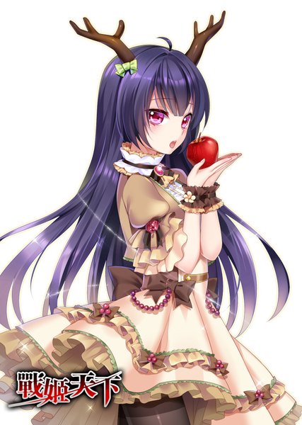 Anime picture 640x900 with zhan ji tian xia mvv single long hair tall image looking at viewer open mouth simple background white background purple eyes purple hair horn (horns) antlers girl dress bow frills fruit apple