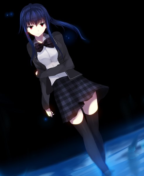 Anime picture 2354x2868 with original akai ringo (eveyuno) single long hair tall image looking at viewer highres blue hair ponytail black background revision girl thighhighs skirt uniform black thighhighs school uniform bowtie