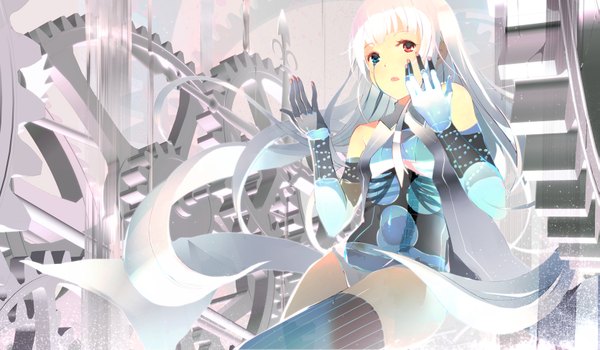 Anime picture 1669x976 with original yoshino ryou single long hair looking at viewer blue eyes red eyes wide image silver hair heterochromia transparent personification bone (bones) girl water clock gears