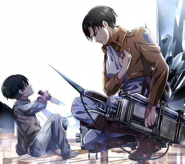 Anime picture 1200x1063 with shingeki no kyojin production i.g levi (rivaille) yuna (rutera) short hair black hair sitting eyes closed barefoot multiple boys kneeling salute time paradox age progression boy weapon jacket boots blood 2 boys