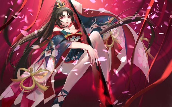Anime picture 2160x1350 with onmyoji youtouhime qidai single looking at viewer highres light erotic black hair red eyes bare shoulders cleavage ponytail very long hair nail polish off shoulder eyebrows red nail polish girl weapon petals