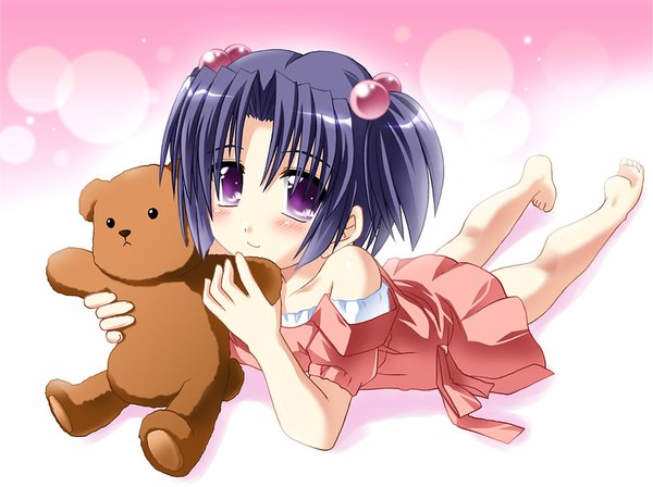 Anime picture 1096x820 with clannad key (studio) ichinose kotomi otoki raku single looking at viewer blush fringe short hair smile purple eyes bare shoulders holding payot blue hair full body lying bare legs two side up on stomach