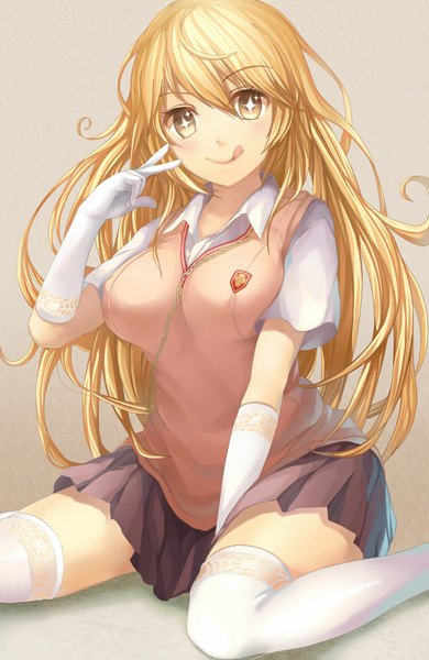 Anime picture 700x1075 with to aru kagaku no railgun j.c. staff shokuhou misaki hisahisahisahisa single long hair tall image looking at viewer blush blonde hair simple background smile sitting pleated skirt grey background victory :q + + girl thighhighs