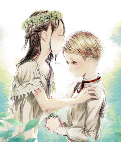 Anime picture 1300x1527 with original sousou (sousouworks) long hair tall image blush short hair blonde hair brown hair holding braid (braids) eyes closed hair flower grey eyes half updo hands clasped almost kiss girl boy hair ornament flower (flowers)