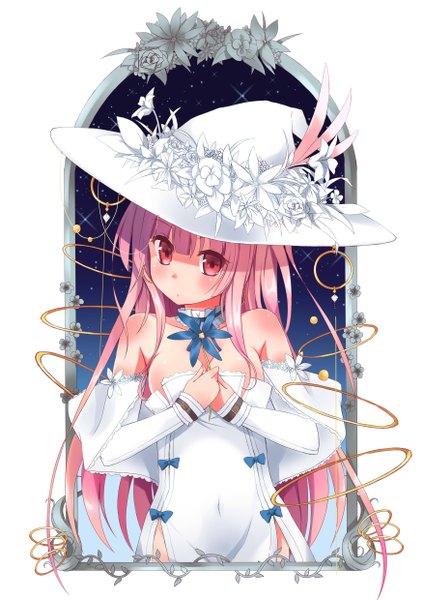 Anime picture 3507x4960 with original ying ye mao single long hair tall image looking at viewer blush highres light erotic red eyes pink hair absurdres cleavage girl dress flower (flowers) bow hat detached sleeves