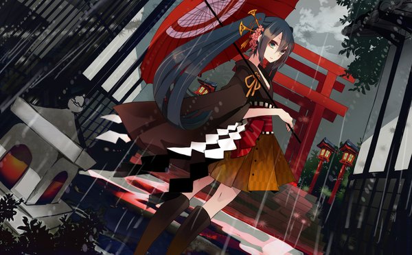 Anime picture 2088x1296 with vocaloid hatsune miku musou yuchi single long hair looking at viewer highres black hair wide image twintails traditional clothes japanese clothes aqua eyes rain girl boots kimono umbrella