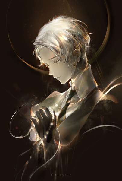 Anime picture 1008x1492 with houseki no kuni cairngorm (houseki no kuni) callarinc single tall image short hair simple background signed yellow eyes silver hair black background looking down portrait androgynous necktie beads