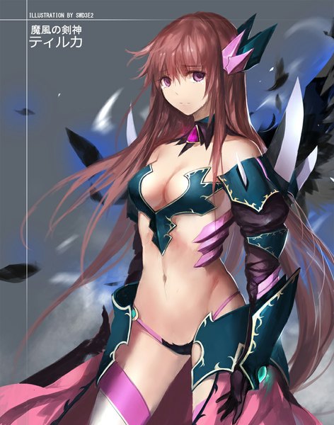 Anime picture 850x1080 with venus blood tyrca (venus blood) swd3e2 single long hair tall image looking at viewer fringe breasts light erotic brown hair purple eyes bare shoulders signed wind girl thighhighs navel hair ornament wings