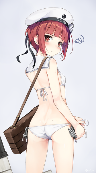 Anime picture 782x1400 with kantai collection z3 destroyer (max schultz) orda single tall image blush fringe short hair light erotic simple background brown eyes signed looking away ass red hair blunt bangs looking back from behind grey background sweat